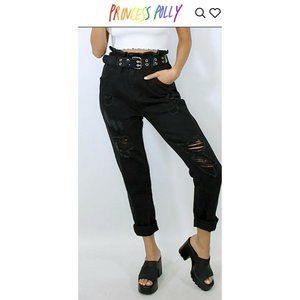 Y2K NEW w Tags Princess Polly Distressed Paper Bag waist Black Jeans size 6